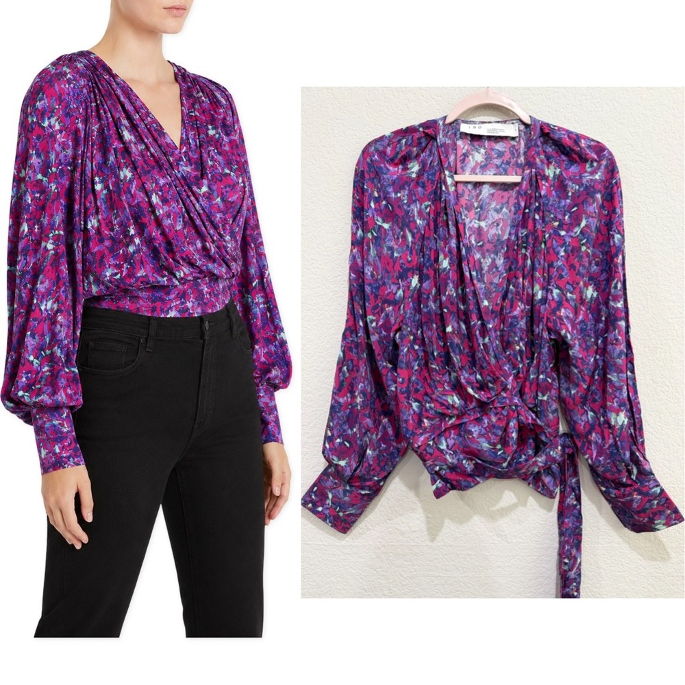 IRO Paris Floral Wrap Blouse Purple Medium Abstract Retro Eclectic Career Office